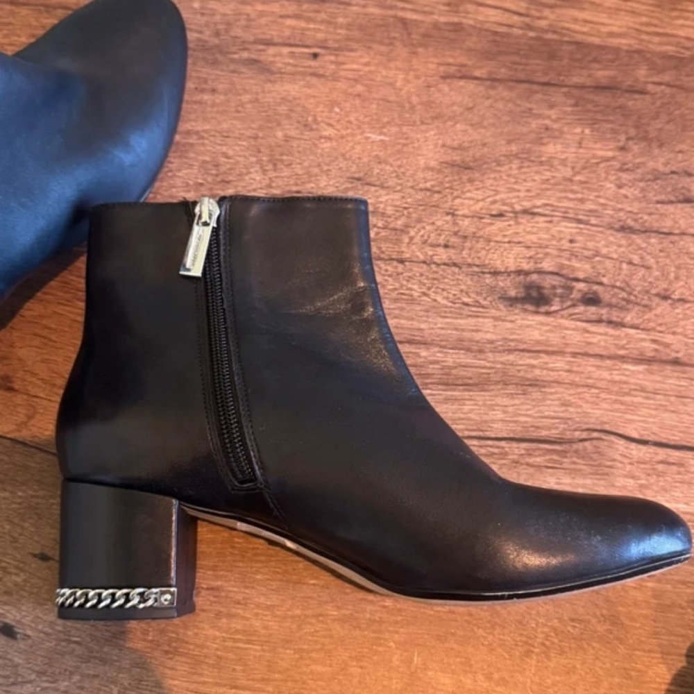 Michael Kors Black Leather Ankle Boots with Chain-Trim Block Heel